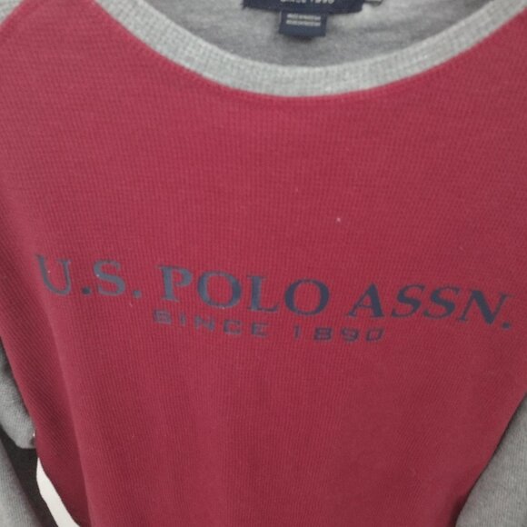 U.S. Polo Assn Men’s 2XL Raglan Thermal Shirt Burgundy Gray Logo Waffle Knit - Picture 6 of 8